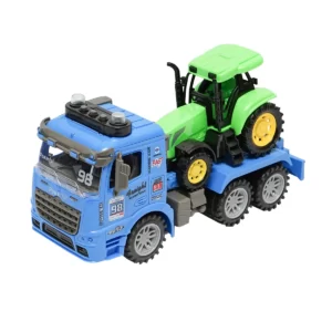 Camion albastru tip trailer cu detalii autentice pe baterii impreuna cu tractor verde de jucarie