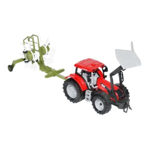 Tractor verde cu incarcator si utilaj agricol pentru ferma
