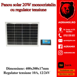 Panou solar 20W 460x350x40mm monocristalin cu regulator de incarcare 10A 12/24V, cablu 1900 mm Breckner Germany