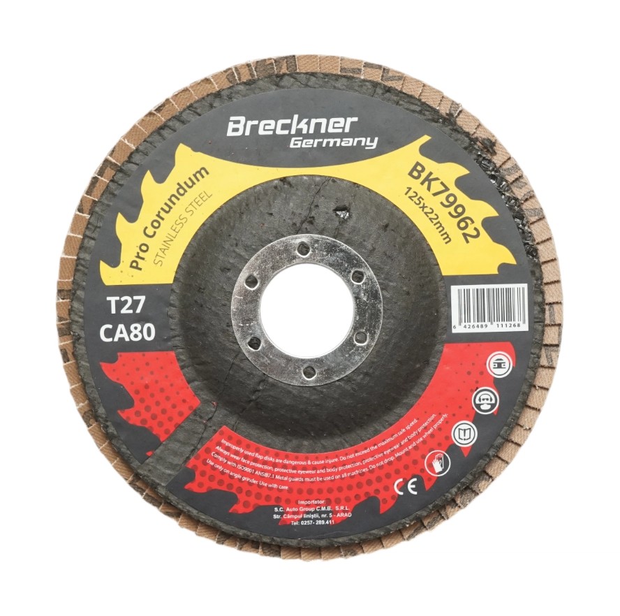 Disc lamelar abraziv corund 125x22mm T27 CA80 pentru slefuire/polizare inox si metal Breckner Germany