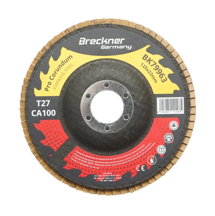 Disc lamelar abraziv corund 125x22mm T27 CA100 pentru slefuire/polizare inox si metal Breckner Germany
