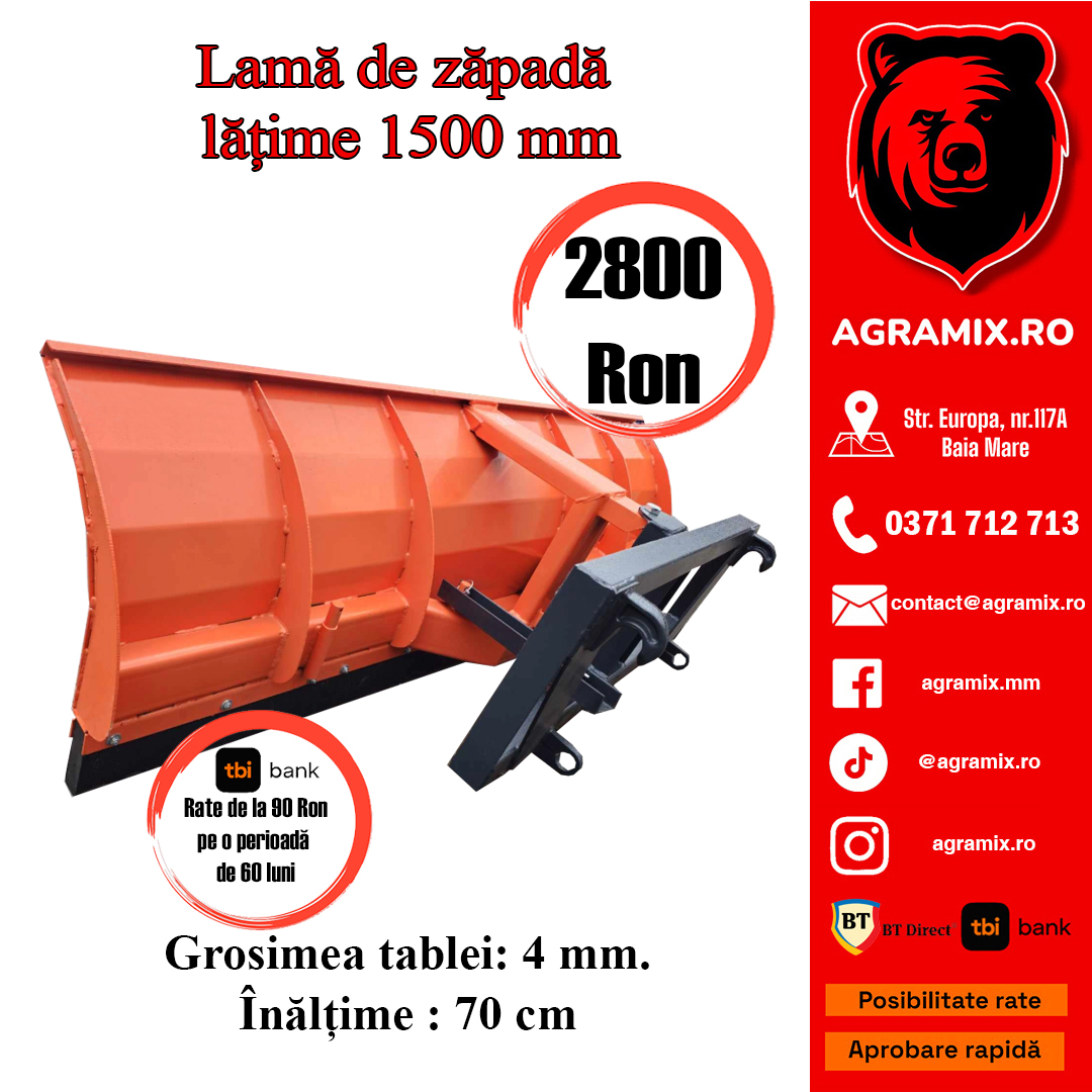 Lama zapada latime 1500 mm cu prindere euro sau prindere in 3 puncte - tiranti - imagine 2